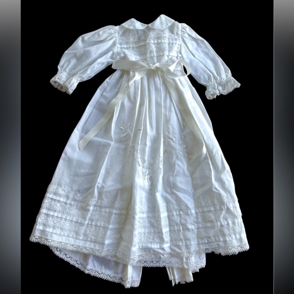 Vintage Embroidered Baptism Christening Gown W/Slip, Lace & Cotton, MOP Buttons